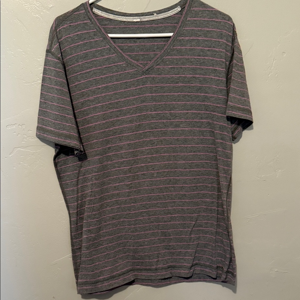lululemon athletica Men's V-Neck Shirt - Gray and Pink Stripes